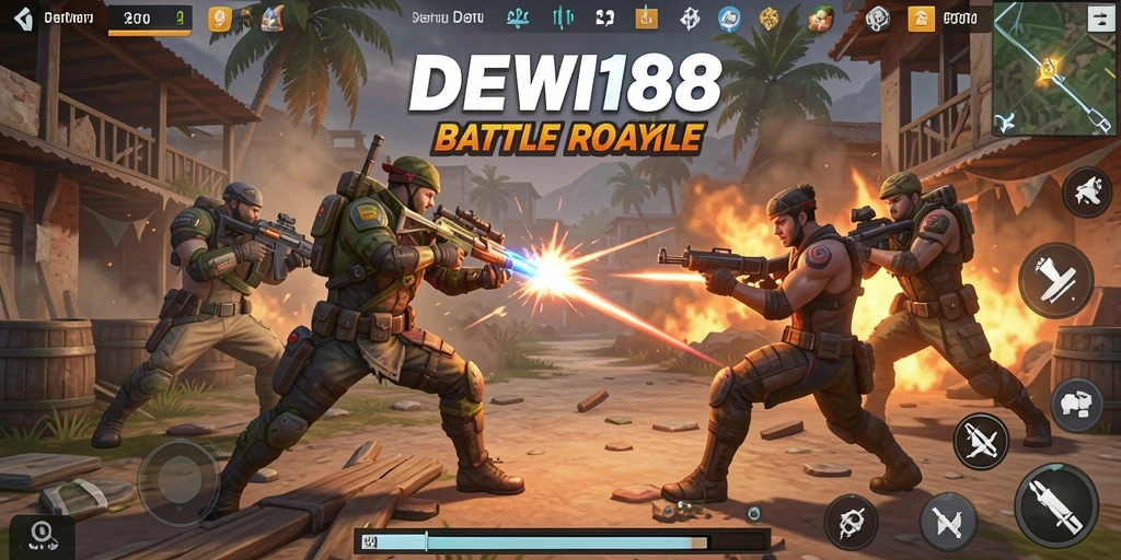 Screenshot utama DEWI188 menampilkan pertarungan intens di peta Battle Royale.