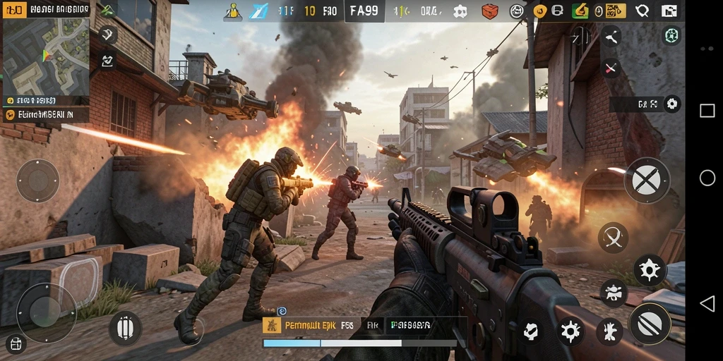 Screenshot gameplay FA99 menunjukkan aksi tembak-menembak seru.