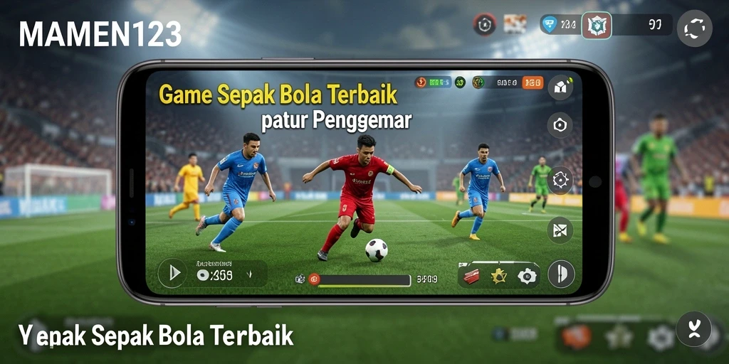 Screenshot utama MAMEN123 menunjukkan aksi penuh semangat di lapangan sepak bola.